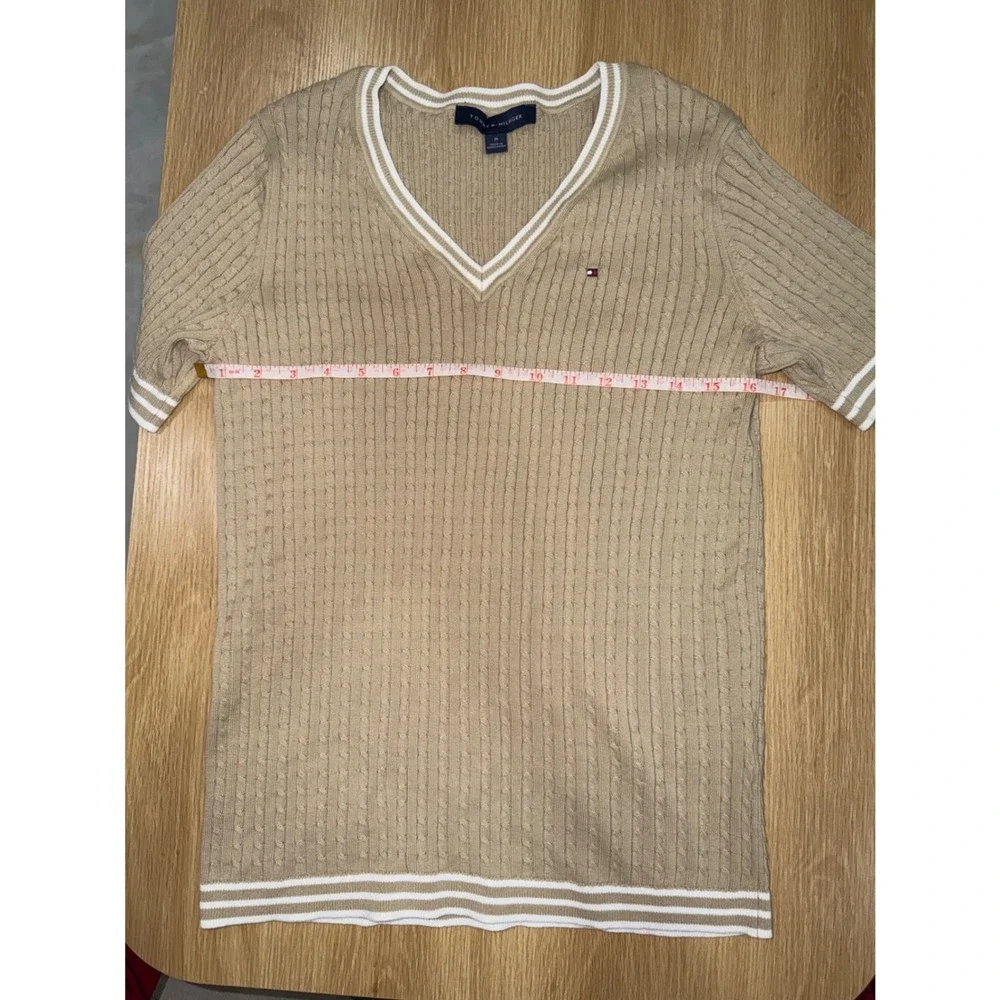 Tommy Hilfiger Mens Cable Knit V-Neck Short Sleeve Sweater Striped Trim